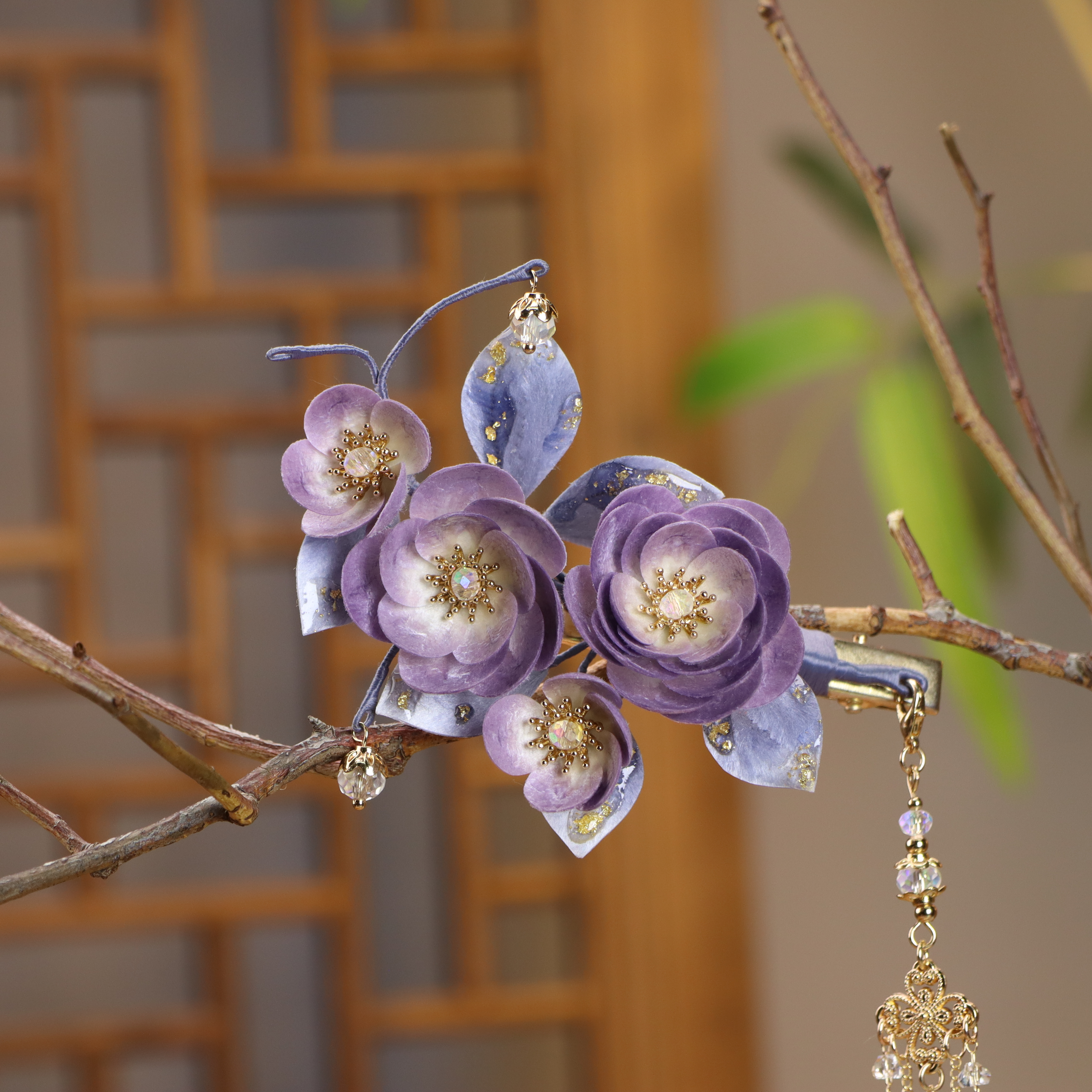 【山灵赋·烟紫】非遗手工绒花紫色山茶花发夹-国风发饰超仙桑蚕丝