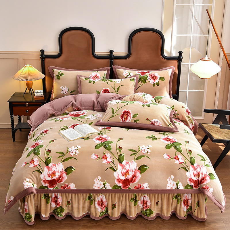 秋冬加厚雕花牛奶绒四件套立体加绒欧式纯色床品印花保暖4件套