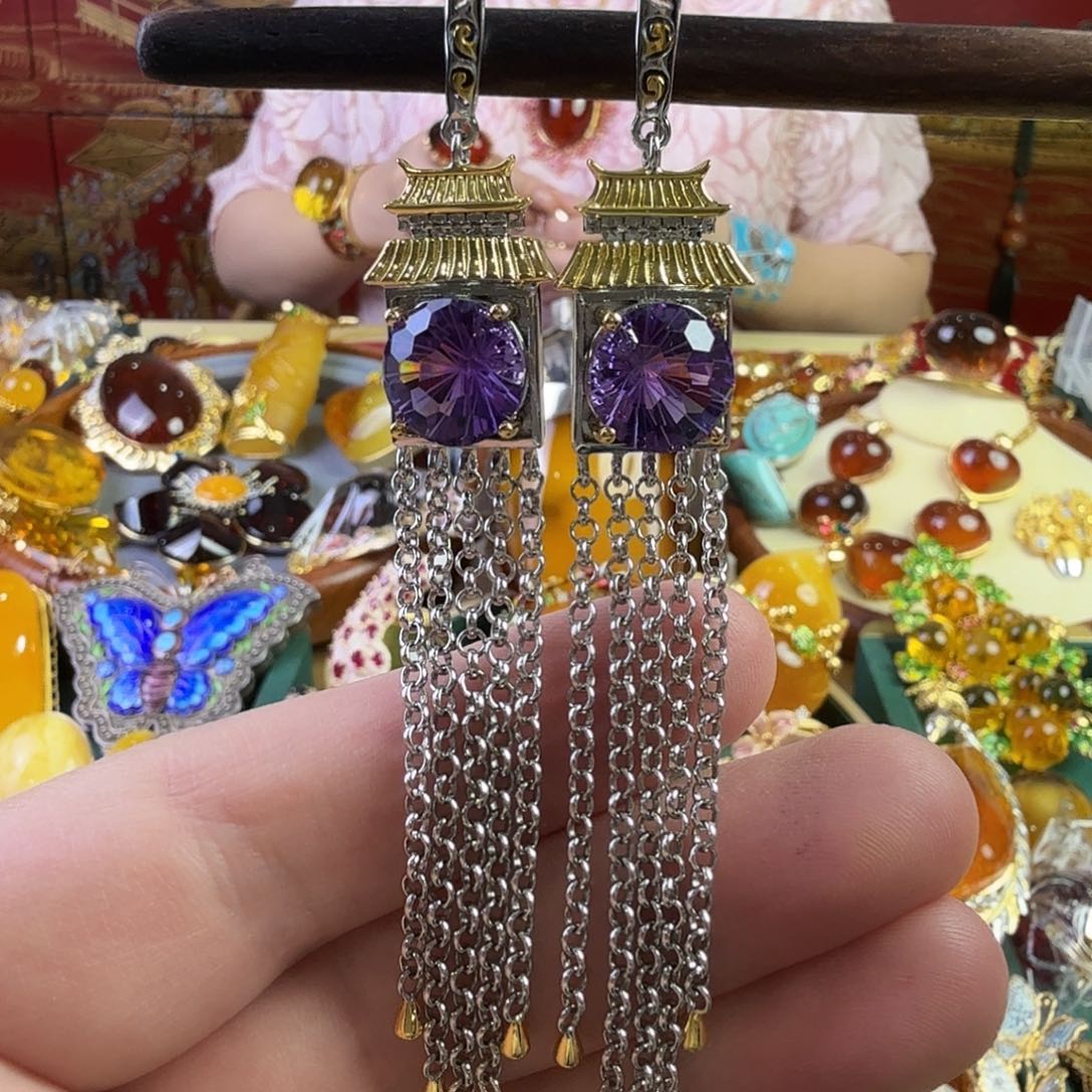 紫晶银S925镶嵌耳环