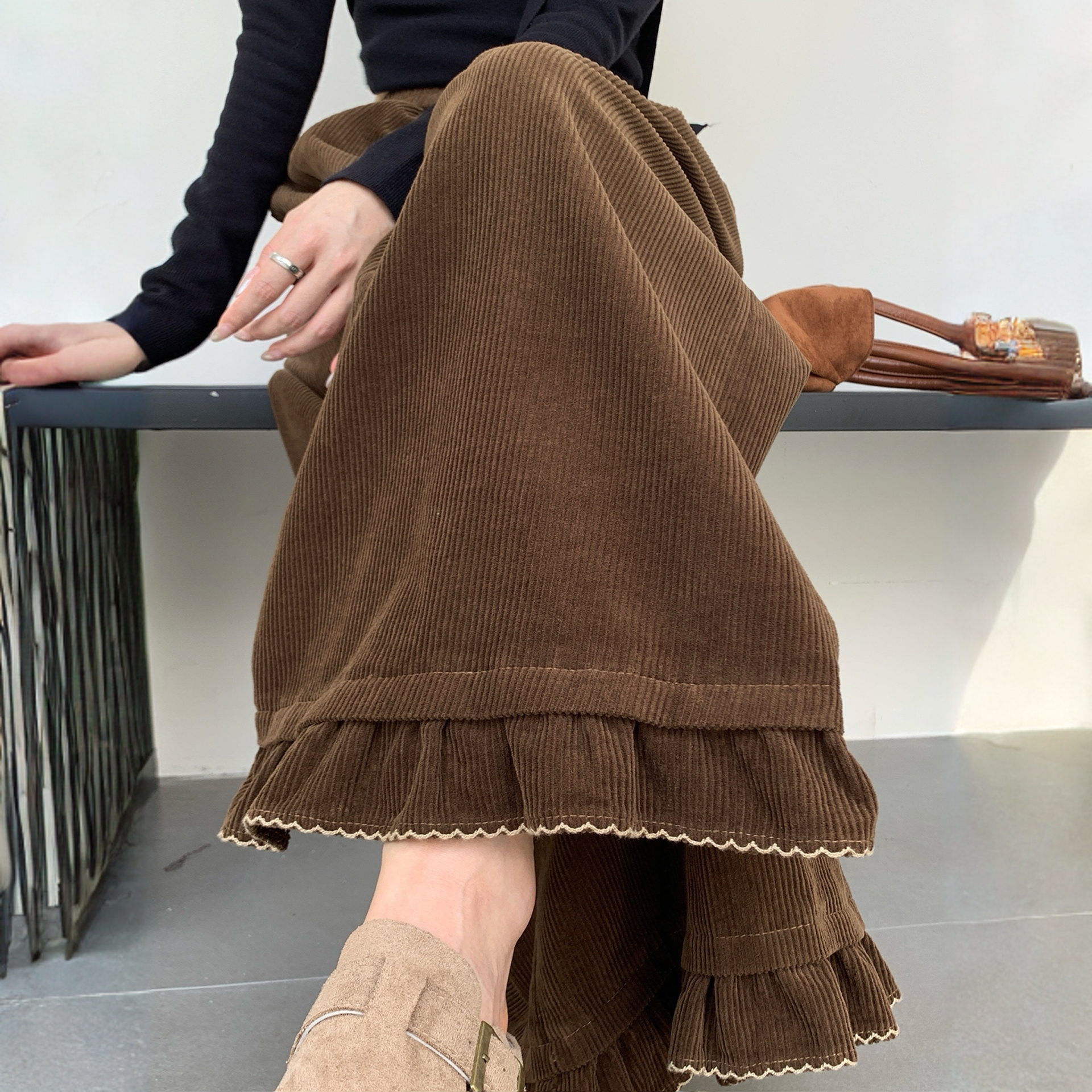 木耳边灯芯绒阔腿裤女秋冬季松紧高腰显瘦宽松休闲百搭雪尼尔长裤