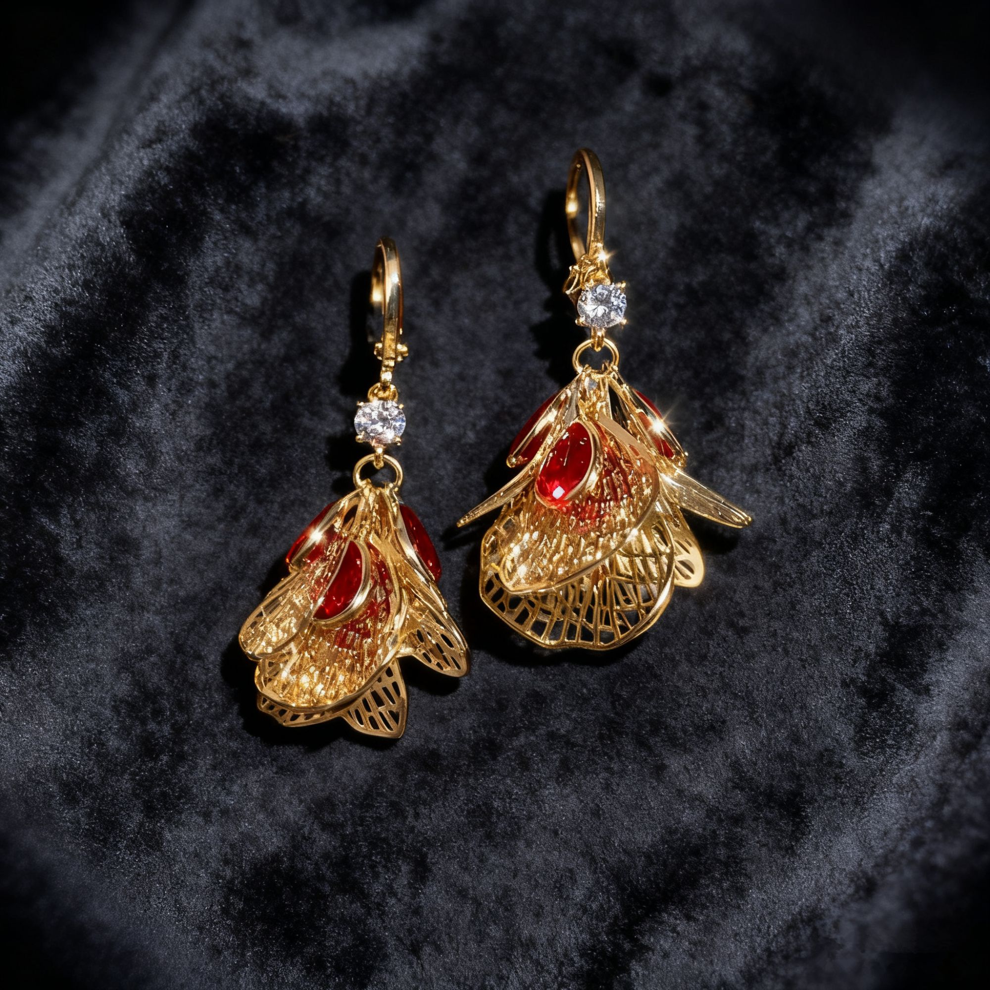 合金锆石耳饰 复古夸张红色锆石花瓣流苏耳饰