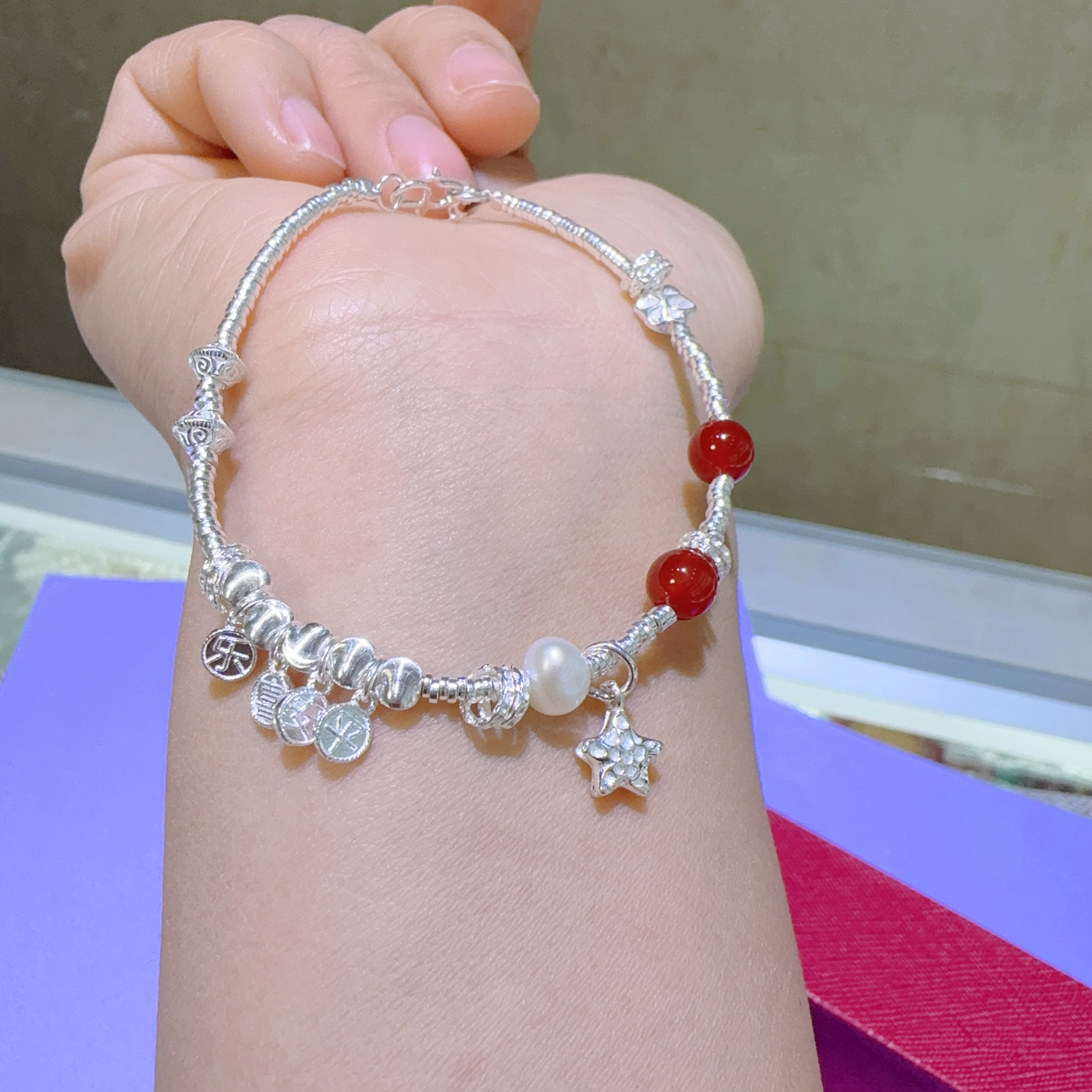 925银仿珍珠手链 S925银手链   周长约17+3cm