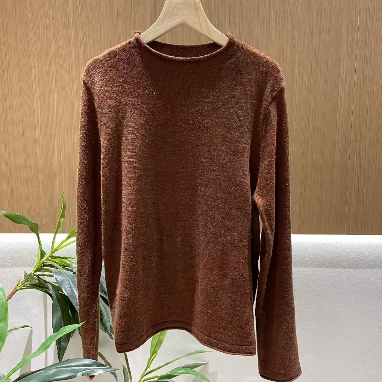 17517新款秋冬复古卷边时尚修身百搭长袖圆领毛衣上衣T恤