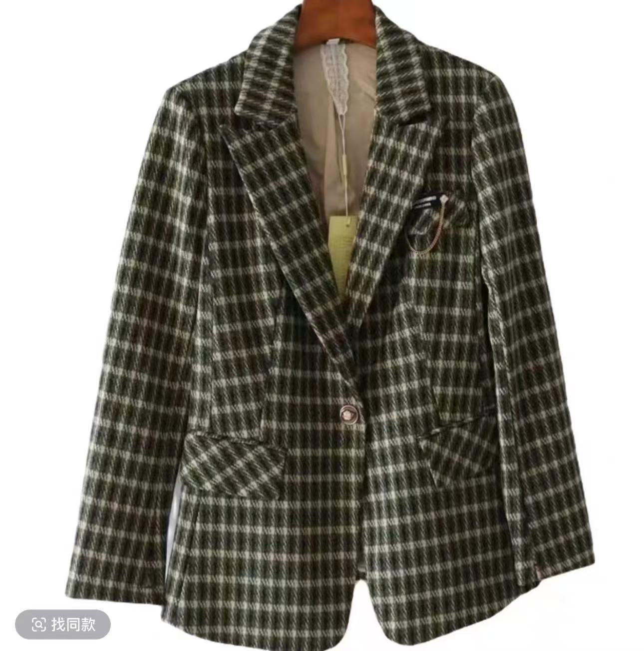【JX8007绿格西服外套】M多多专属休闲百搭女士显瘦长袖短款宽松