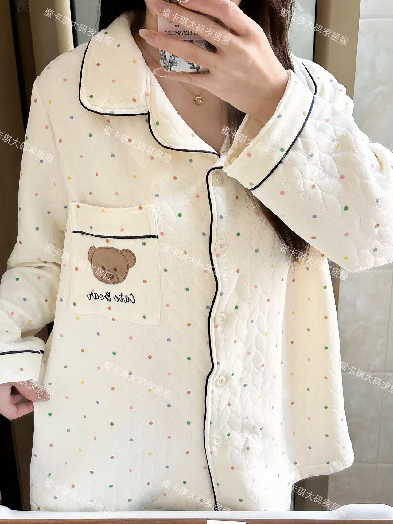 冬季大码睡衣长袖空气层夹棉可爱卡通保暖加肥加大可外穿家居服女