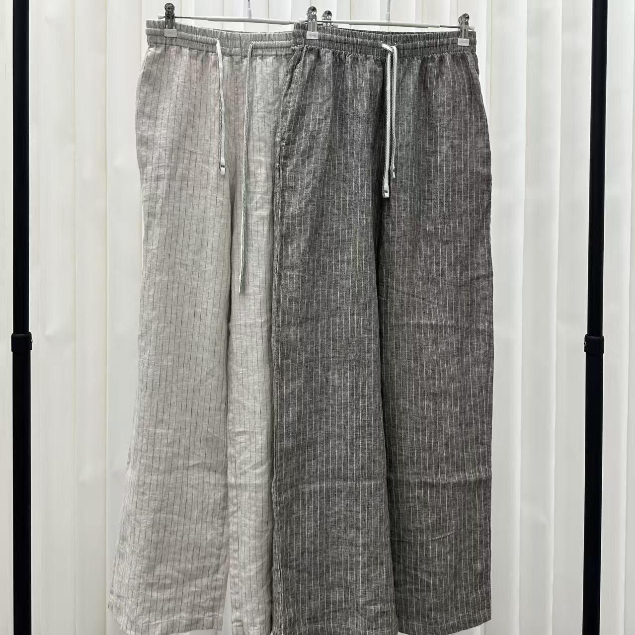 sugiseolryeon秋季100亚麻花织细条纹  时尚宽松  女士长裤