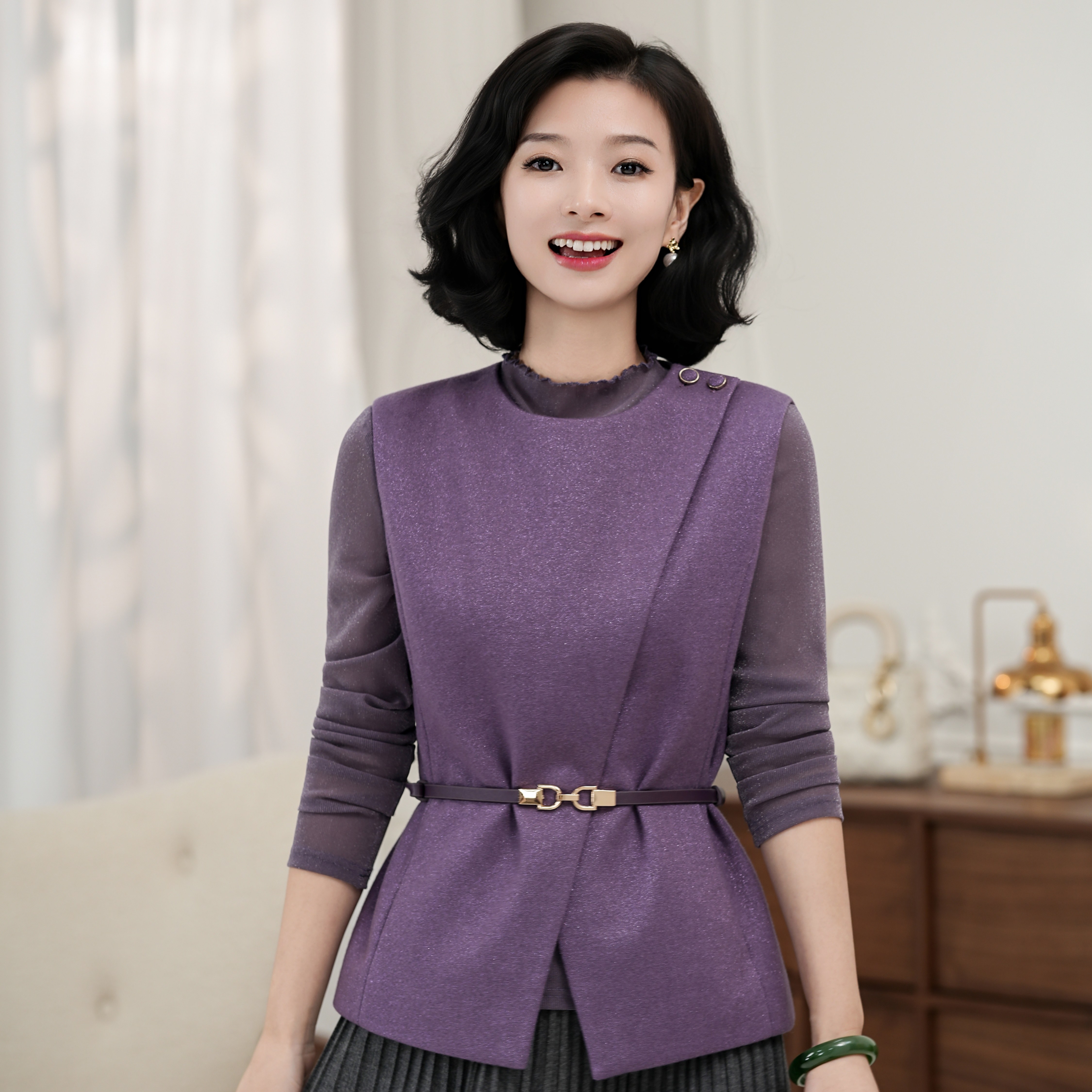 西子/【紫勋骑士】羊毛混纺设计感气质优雅圆领紫色马甲/MJTJ412