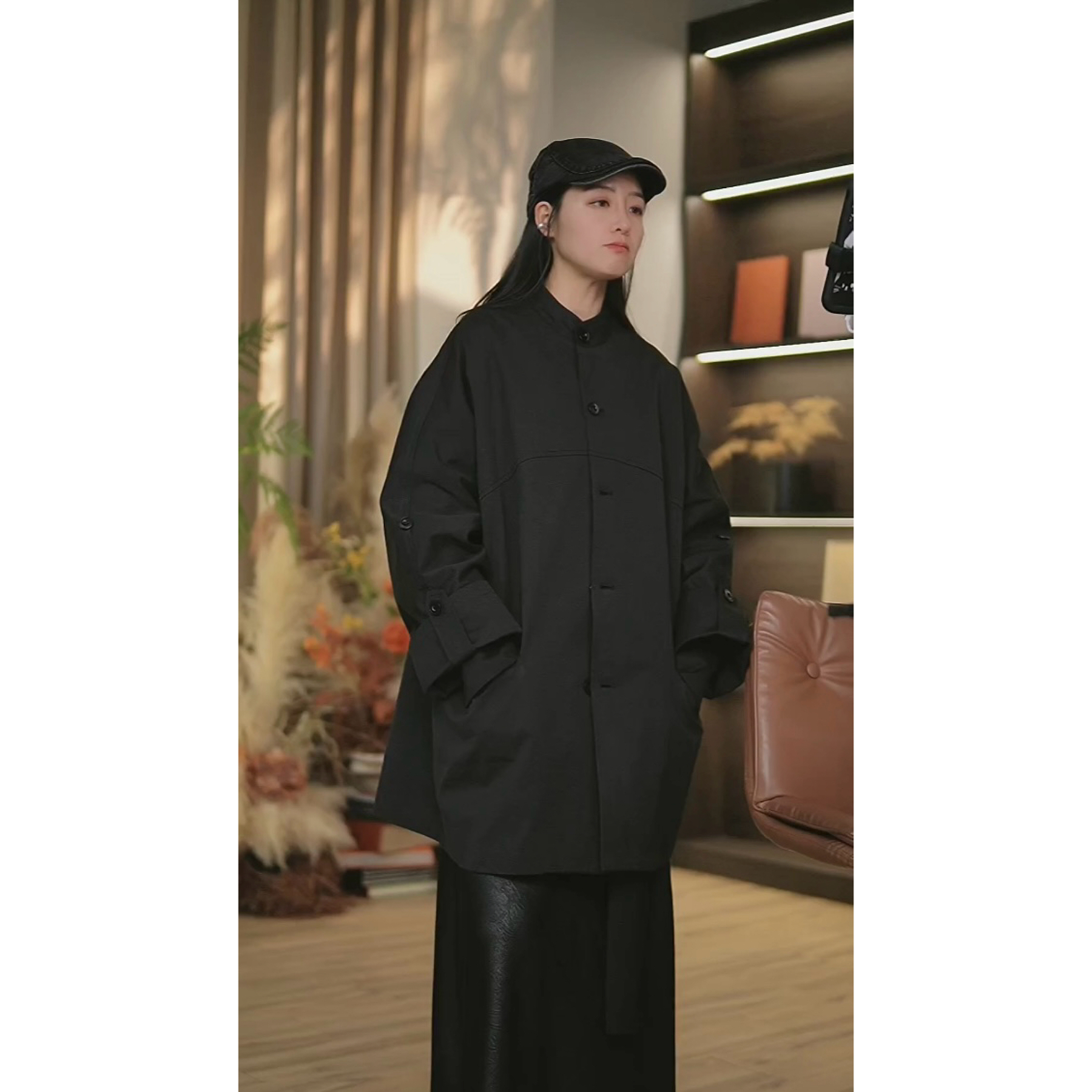 MUXI｜中长款风衣半立领阔版风衣外套