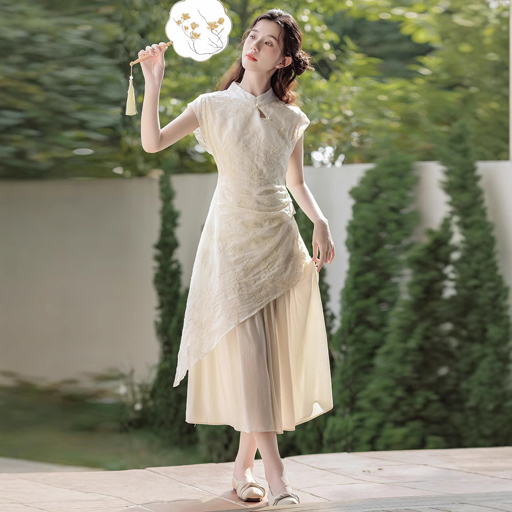 【汐宝女装】女装2025夏季十三行新款新中式改良旗袍国风米色气质假