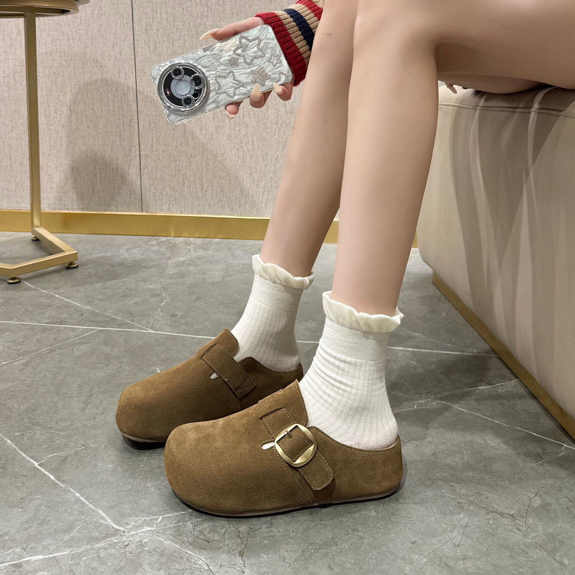 森系休闲风浅口纯色金属包头拖包头款百搭风防水台