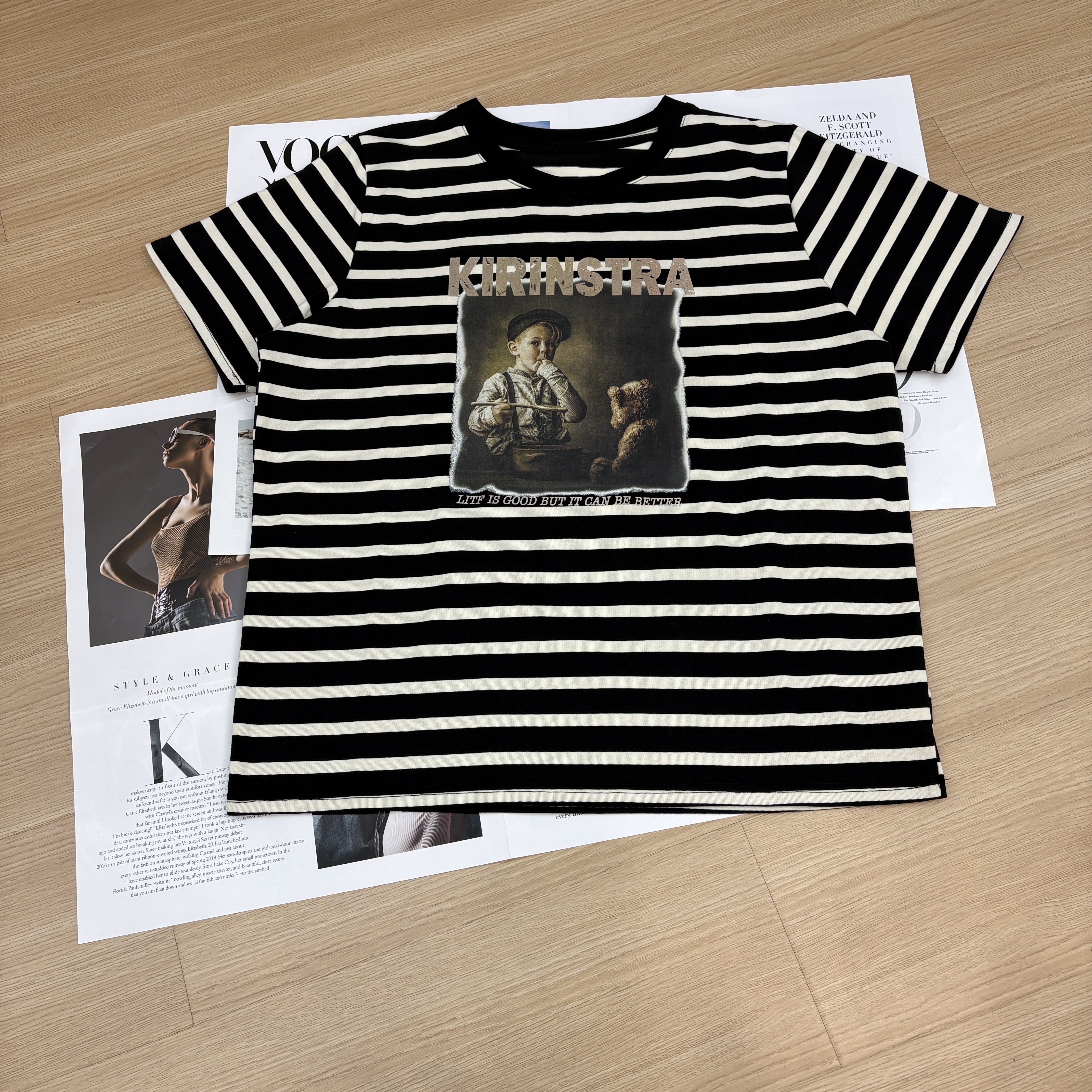 经典圆领条纹正肩质感棉质短袖T恤印花宽松时尚休闲百搭夏季黑白