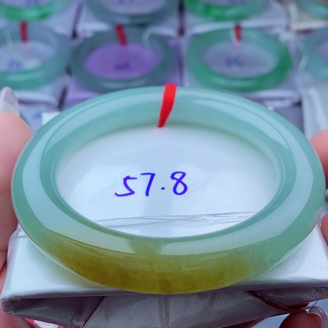 翡翠手镯未镶嵌芙蓉绿满色底妆带鸡油黄胖圆