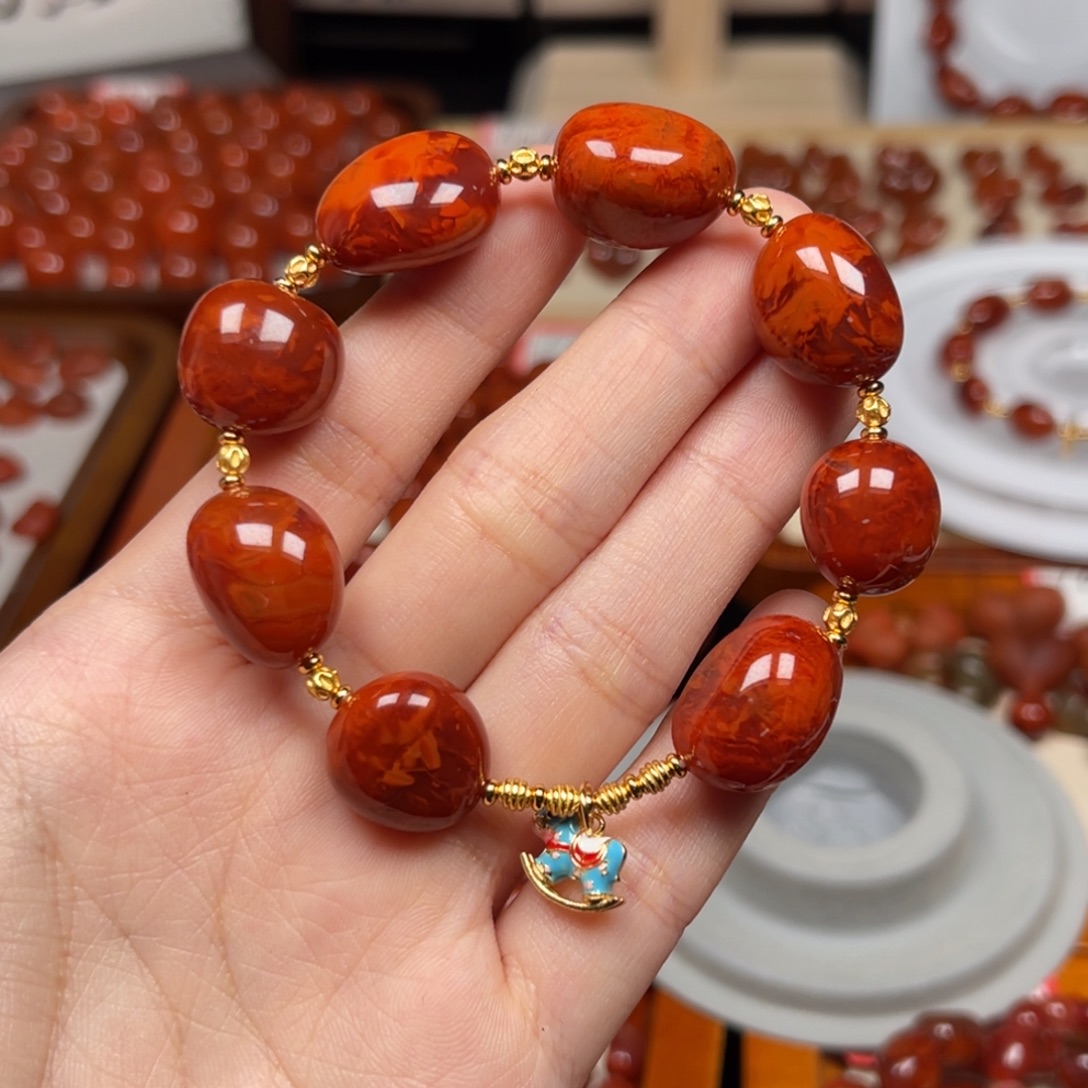 *****南红玛瑙银S925镀金镶嵌手串