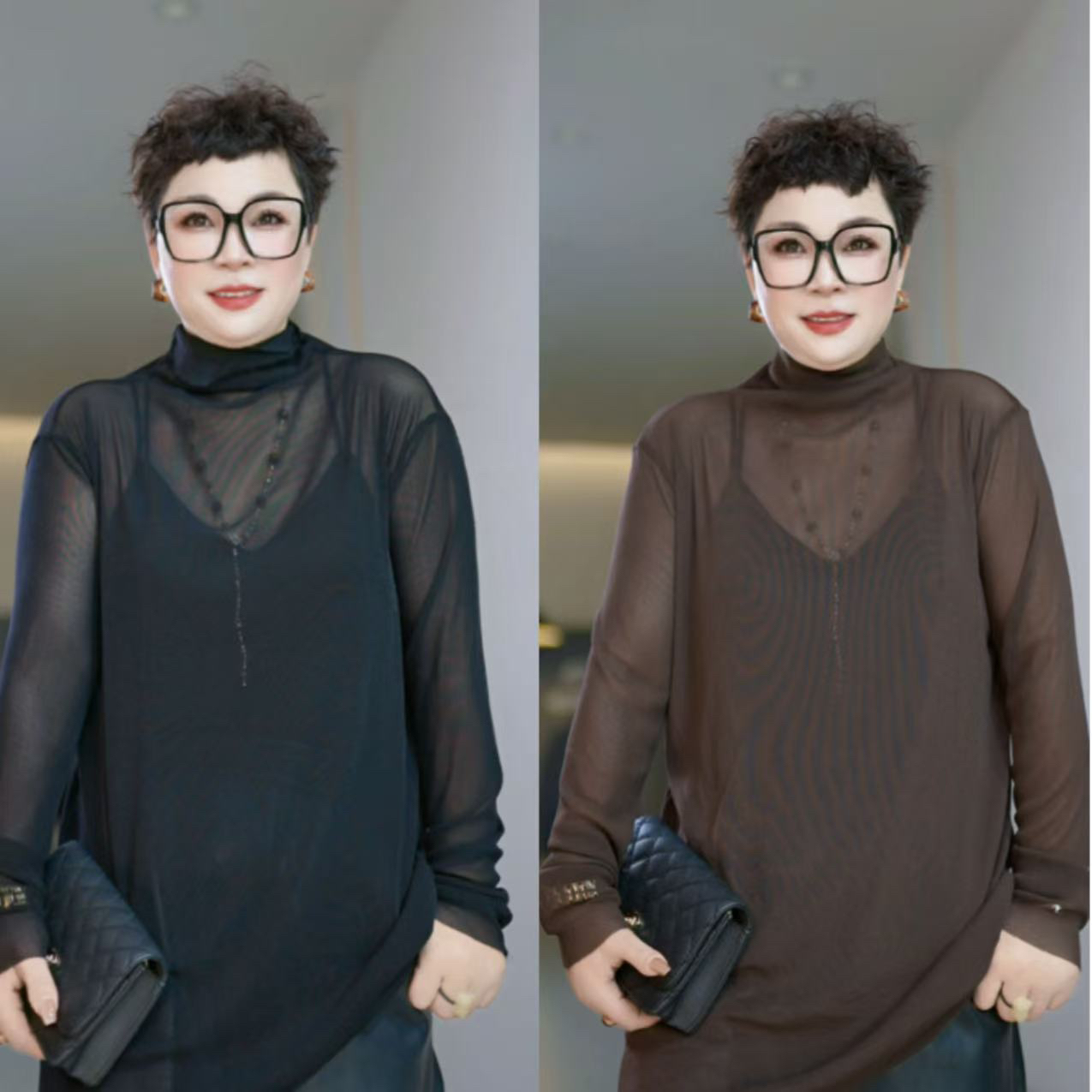 【百搭】冬季新款搭配款网纱打底衫T恤