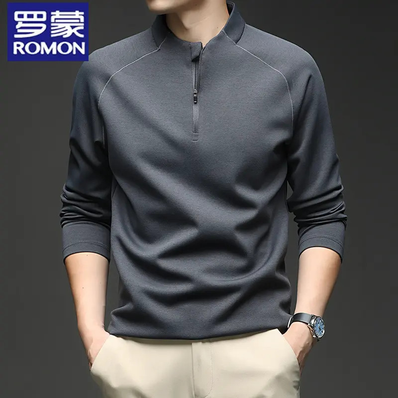 罗蒙秋冬季新款男士半高拉链加绒卫衣纯色亨利领T恤打底保暖t恤男