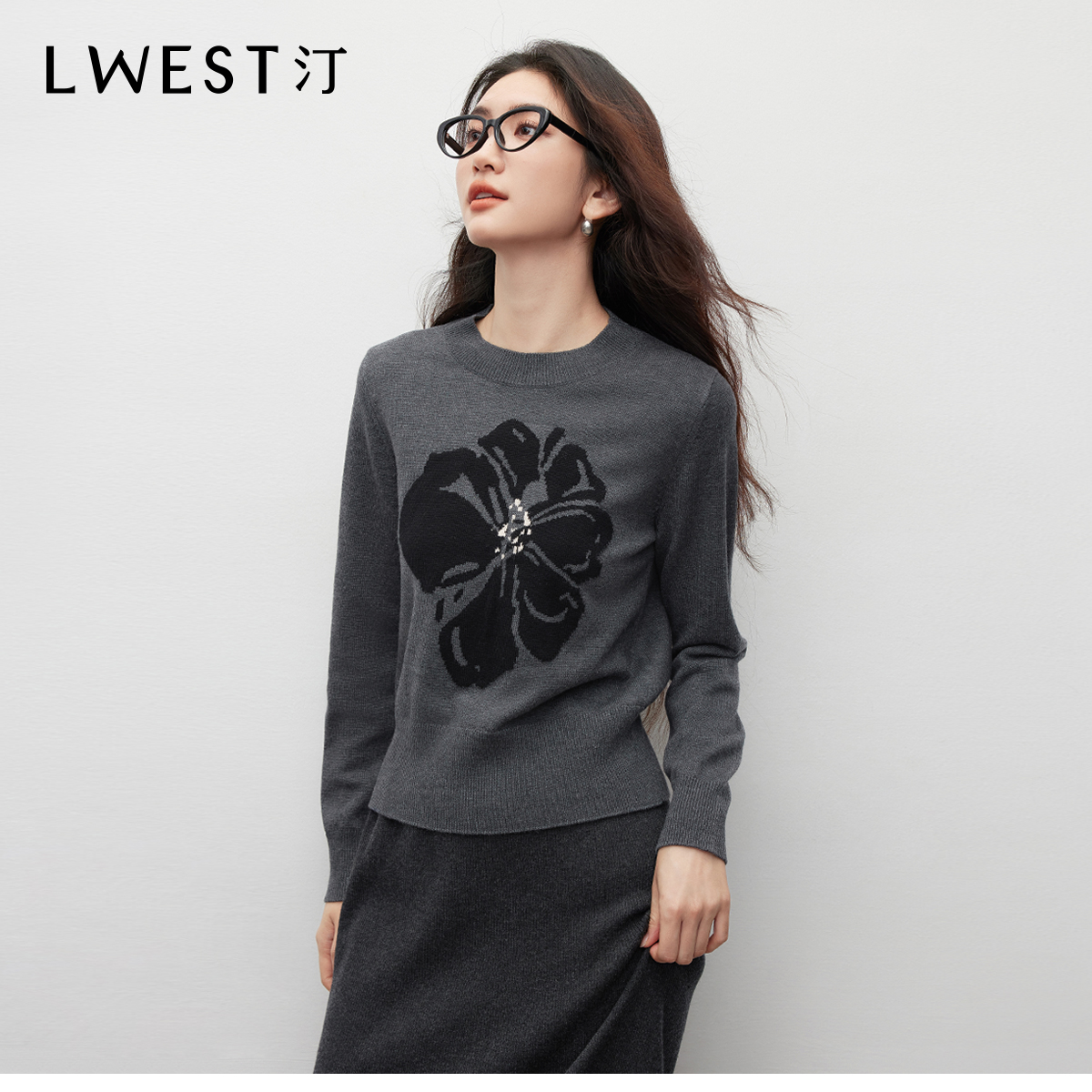 朗文斯汀2025冬季新款圆领花朵显瘦灰色套头针织衫DTYZ5509A03193