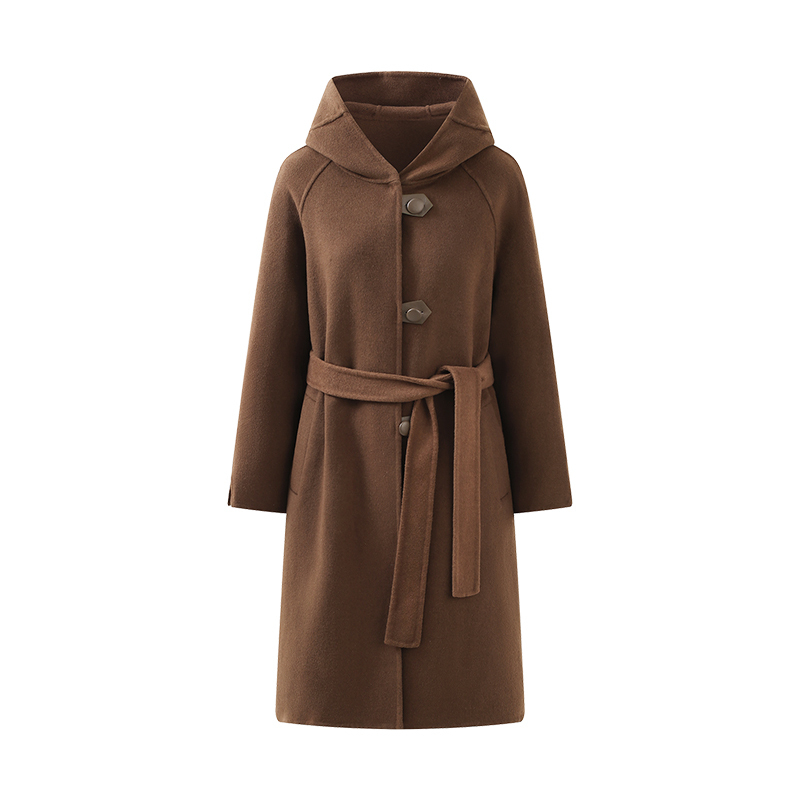 复古腰带连帽圆扣长款双面呢大衣女气质通勤高级宽松外套