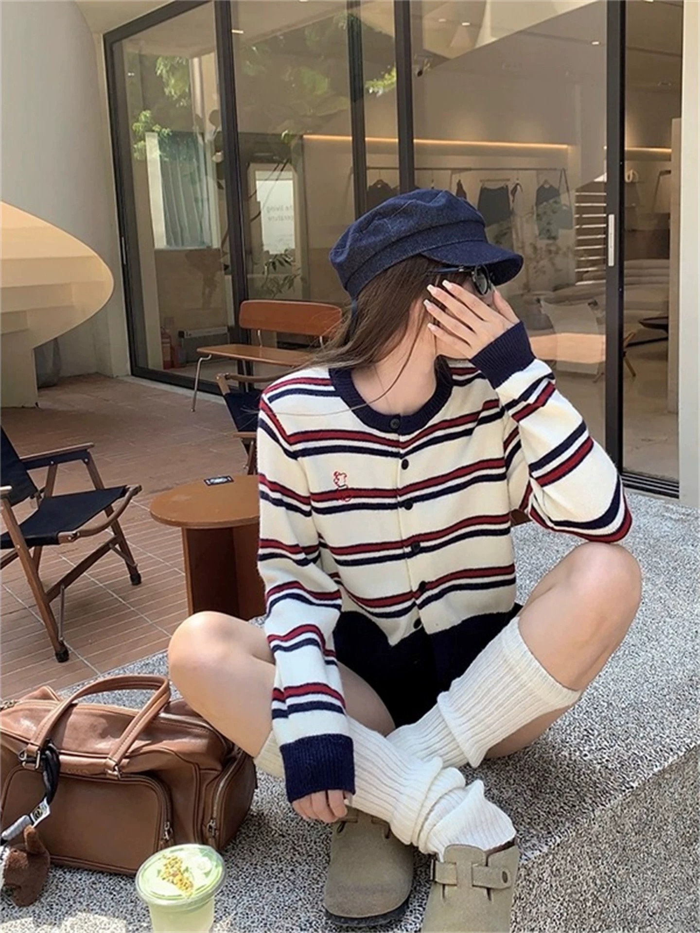 秋天穿搭学院风条纹针织开衫外套女秋季外穿宽松短款软糯毛衣上衣