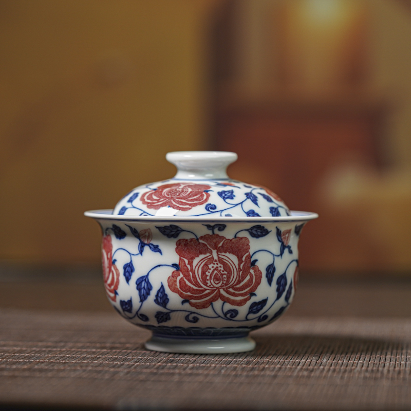 【墨舍名窑】沐茗古韵青花釉里红牡丹小号如是盖碗mmgy93陶瓷景德镇