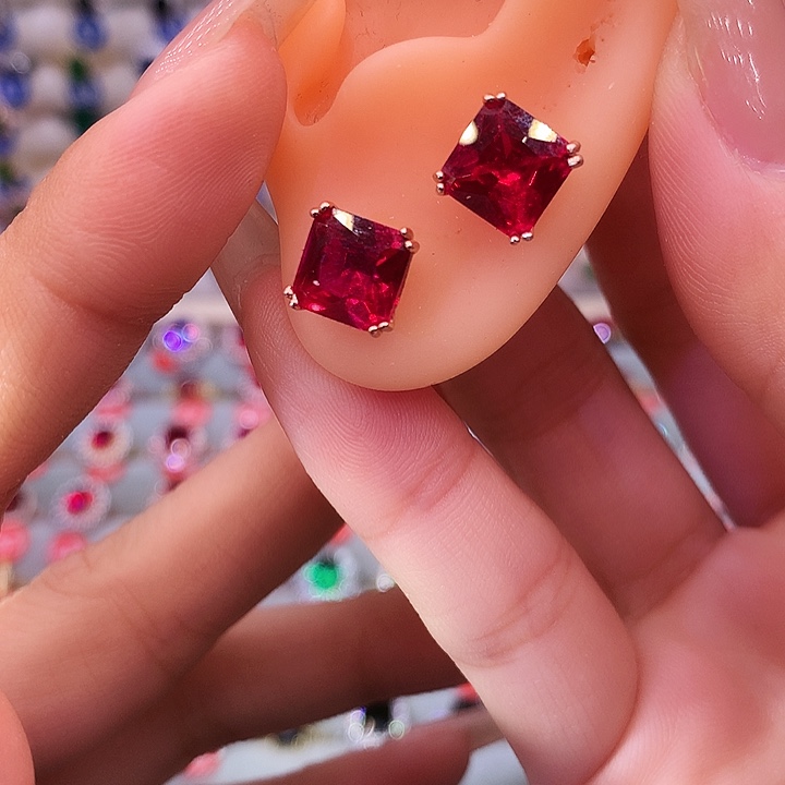 红宝石耳饰银S925镶嵌