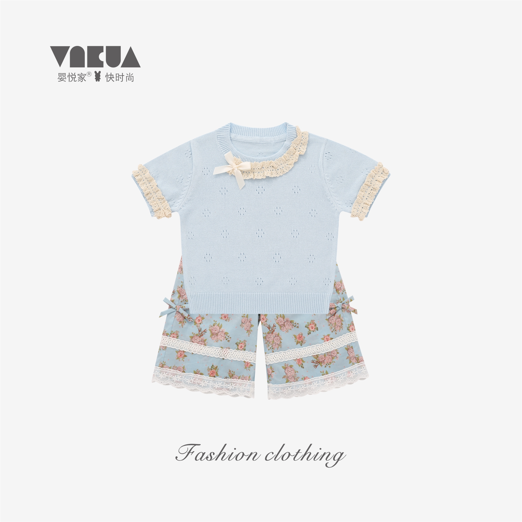 婴悦家夏季女宝花边针织镂空蝴蝶结上衣+九分裤 88707+88692