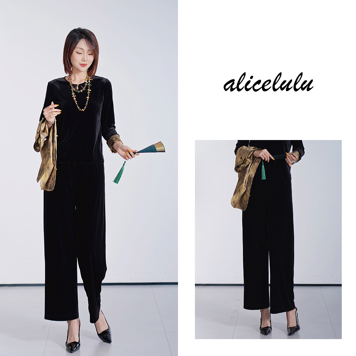 5 alicelulu黑色垂感显瘦休闲阔腿裤舒适百搭S622761W