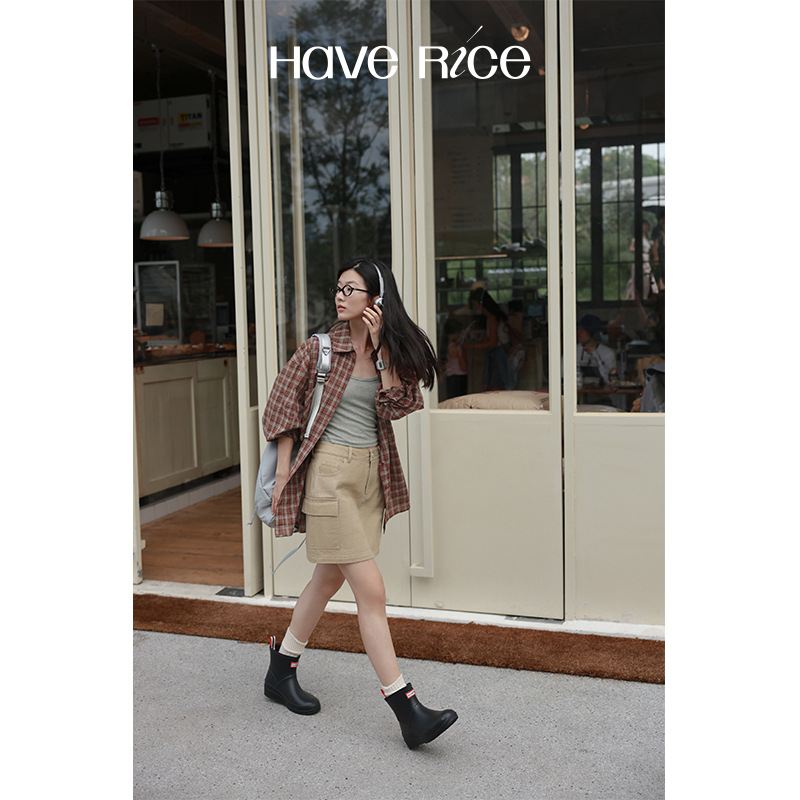 红茶拿铁 韩系复古休闲松弛红棕色织格纹衬衫上衣2025春季新款女