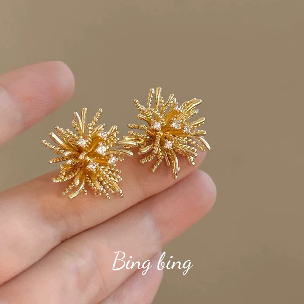 铜合金耳饰 【耳畔烟花】金色蒲公英洋气设计感气质耳钉 A140