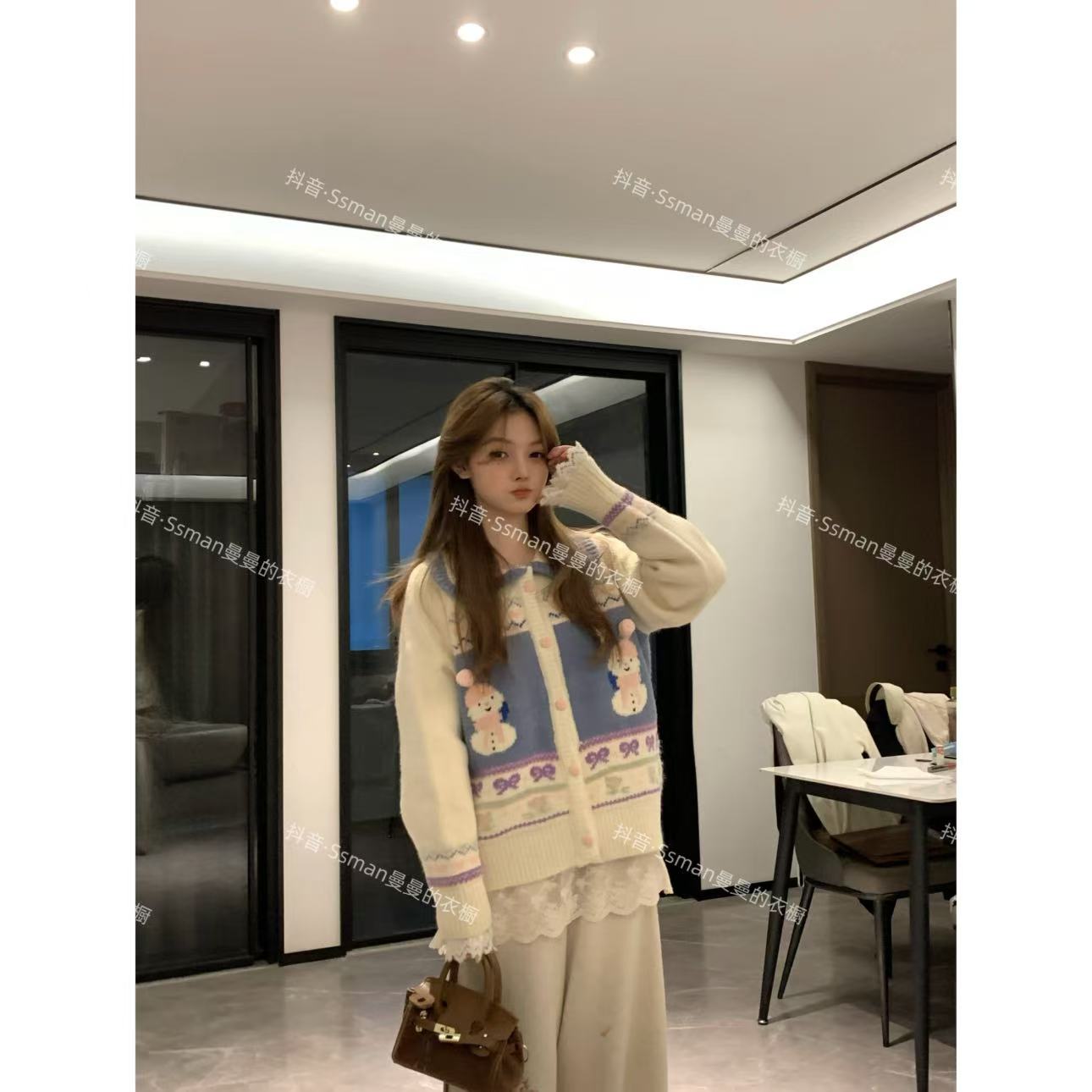 Ssman【甜美小雪人 翻领毛衣】针织小众图案设计休闲甜美开衫毛衣