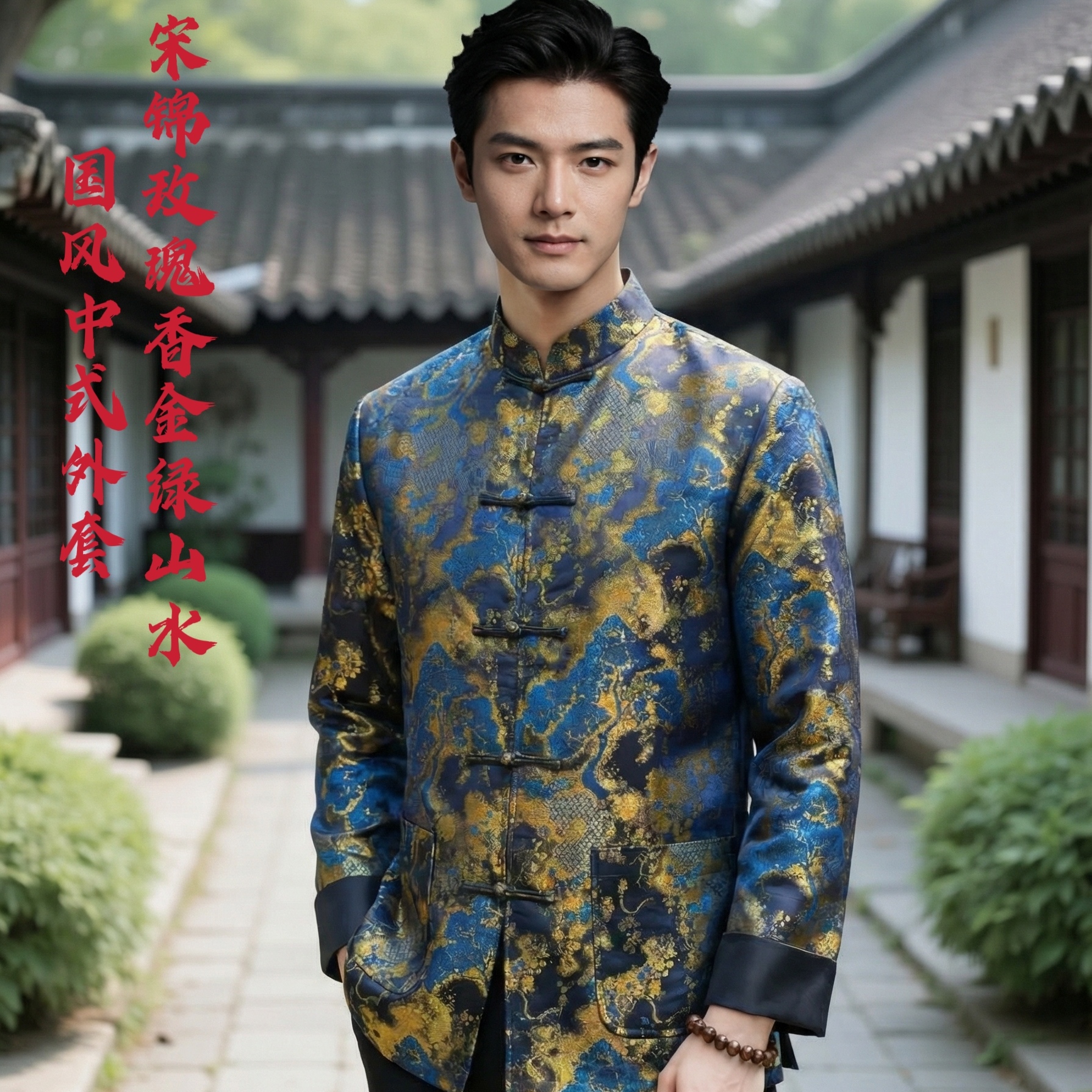 九吉多多宋锦玫瑰香金山绿水羊毛内胆中式国风男士外套825687