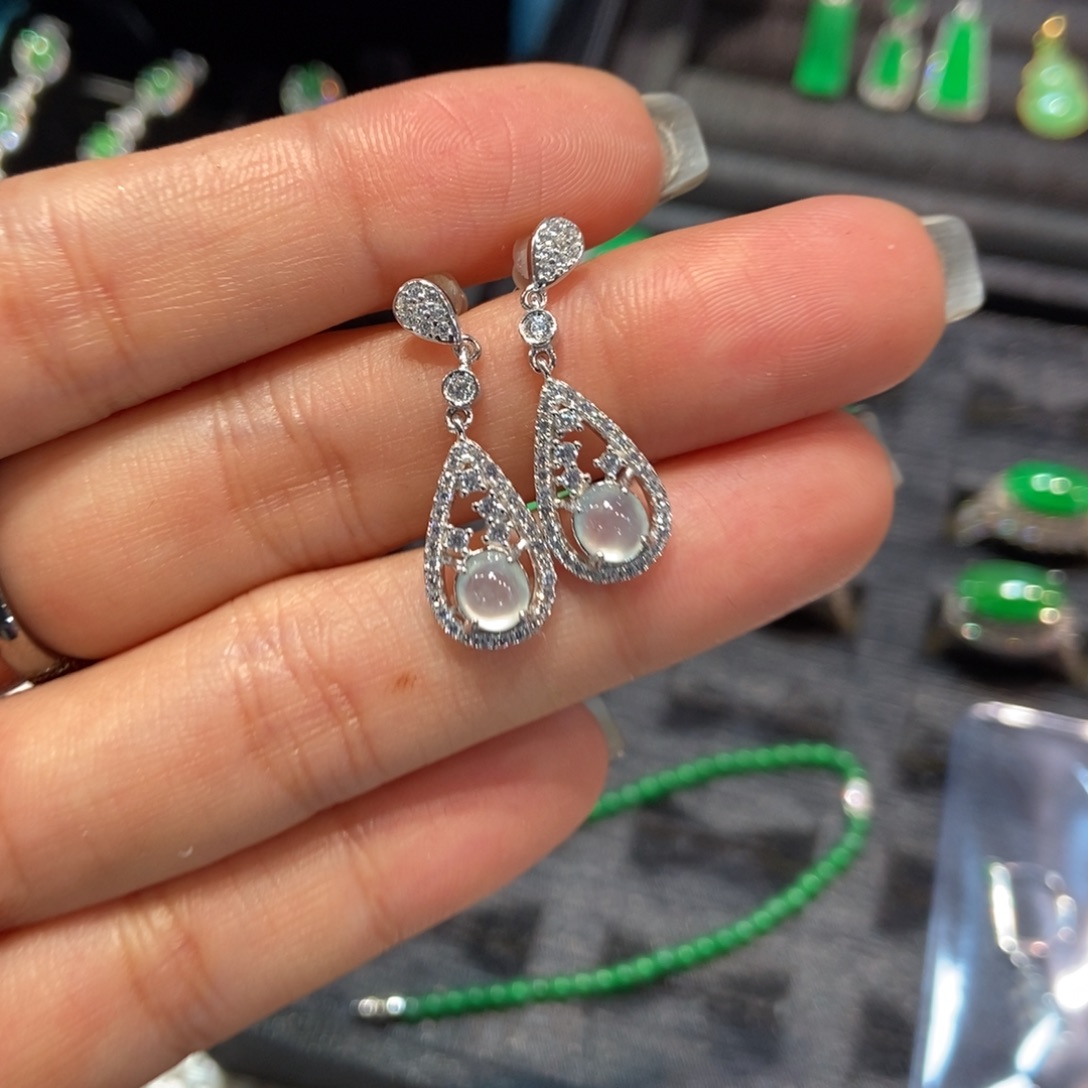 翡翠银S925镶嵌耳饰天然缅甸