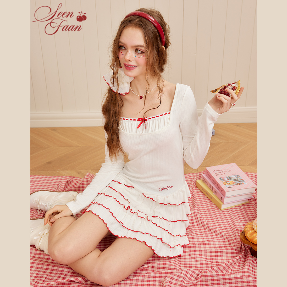 【云云粉丝专享】盛放法式方领蝴蝶结连衣裙女下摆甜美FSQ004