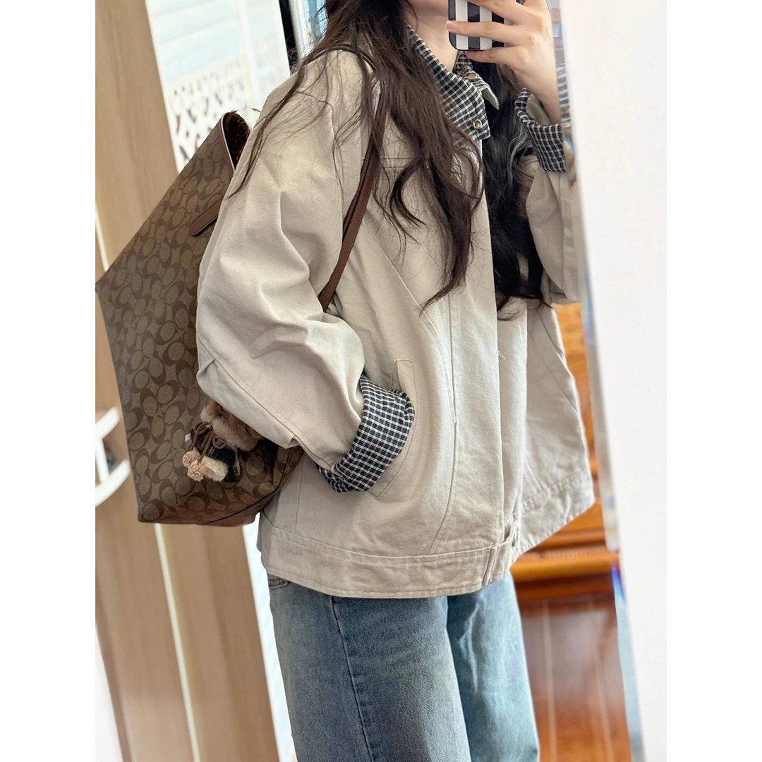 格子拼接短款工装夹克男女款秋季美式复古底特律哈灵顿翻领外套潮