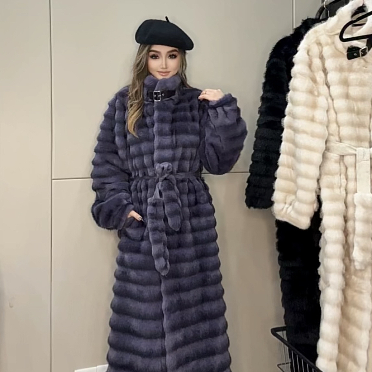 人造皮草 0060福利款环保皮草长款时尚皮草新款外套冬季送腰带
