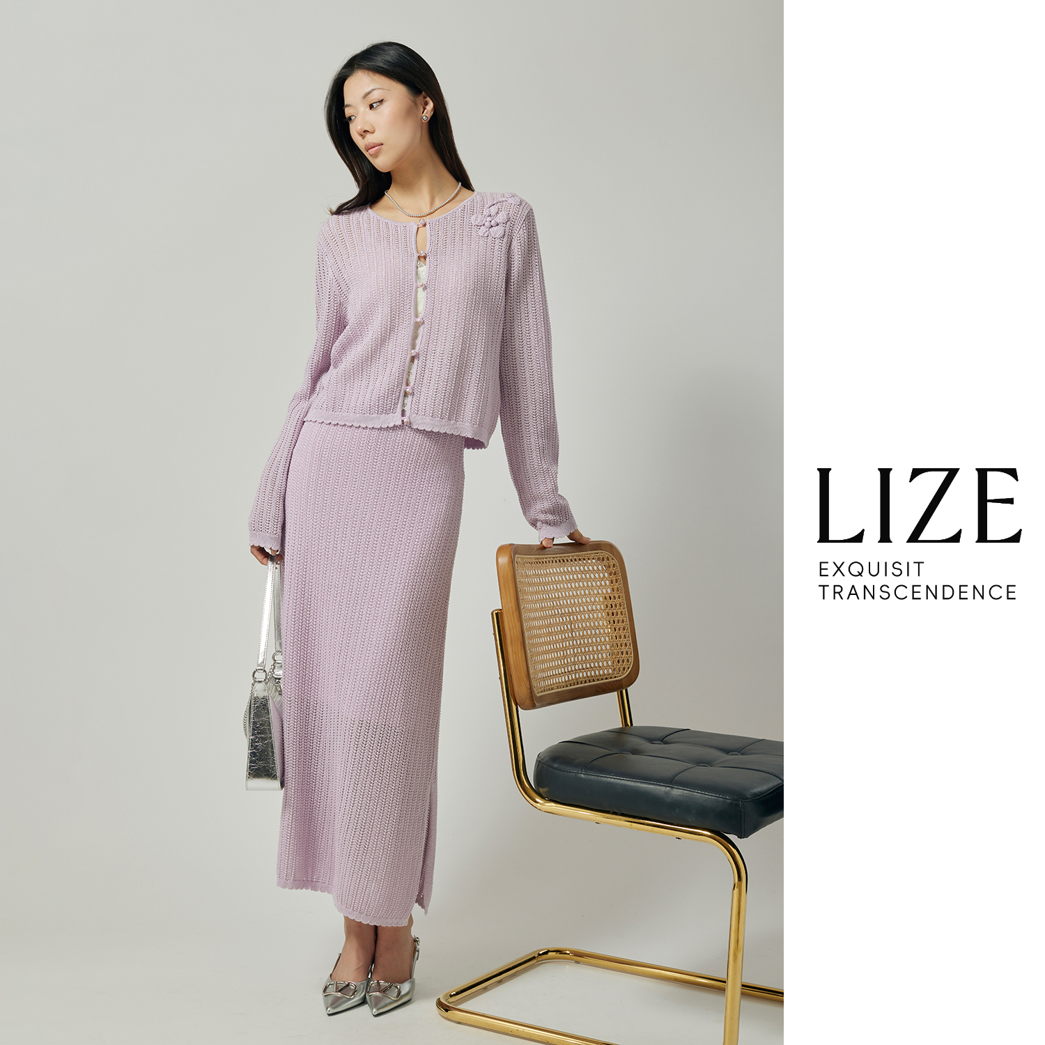 LIZE「紫鸢花影」奢美细闪编织手工花朵钩织重磅垂感 镂花开衫+裙子