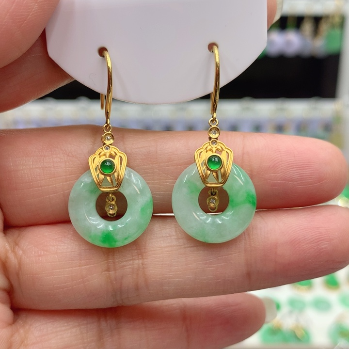 向***生翡翠18K金镶嵌耳饰