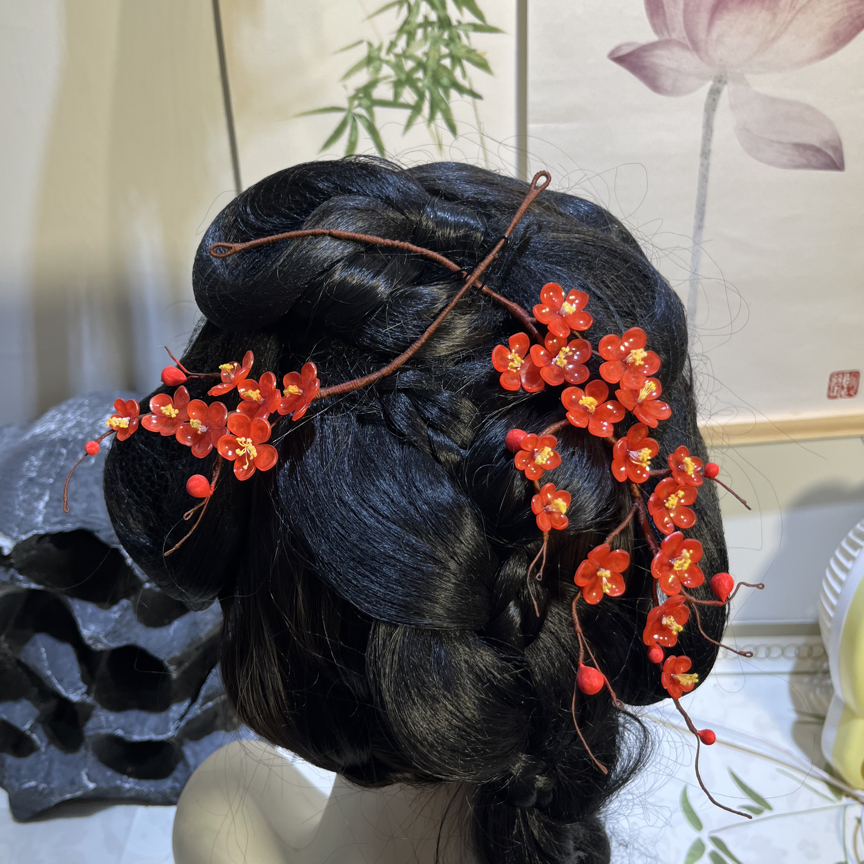 红梅花发簪热缩汉服头饰