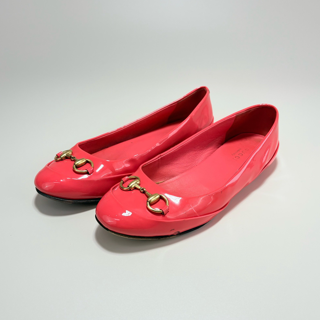 90新 GUCCI/古驰 古驰马衔扣漆皮平底鞋37.5码 9新13868