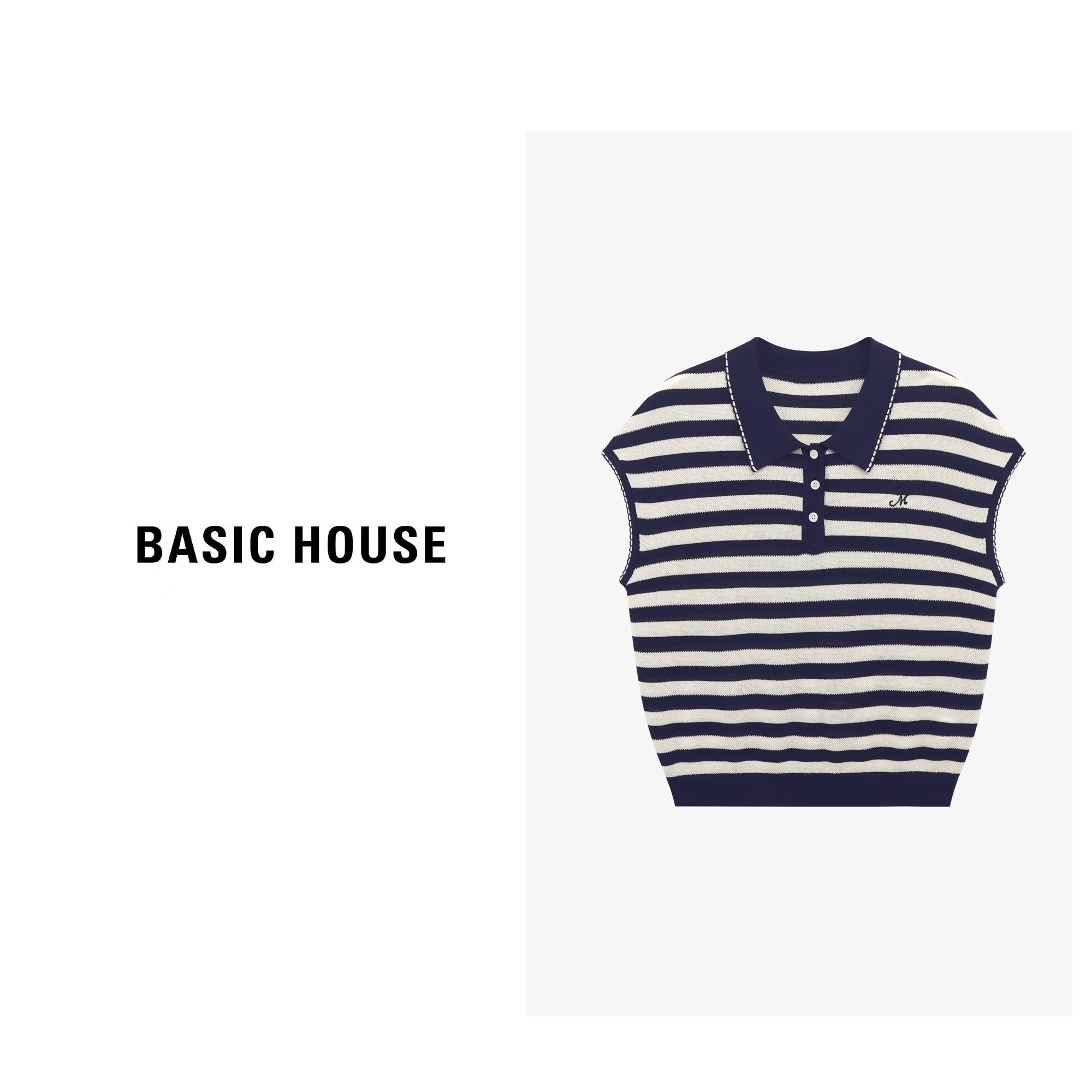 Basic House/百家好夏季透气无袖翻领针织衫-B0625B5BNA2