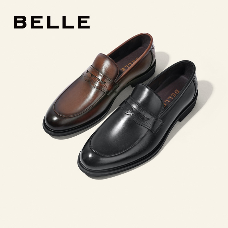 百丽英伦风一脚蹬乐福鞋男士真牛皮软底复古百搭商务正装休闲皮鞋
