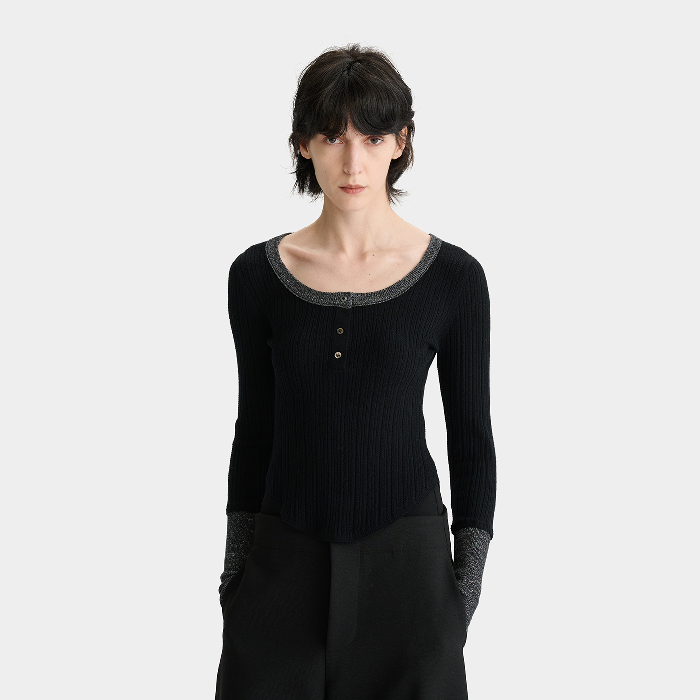 【deepmoss】noundnound黑银闪葱拼接亨利领羊毛打底衫女25早秋新款