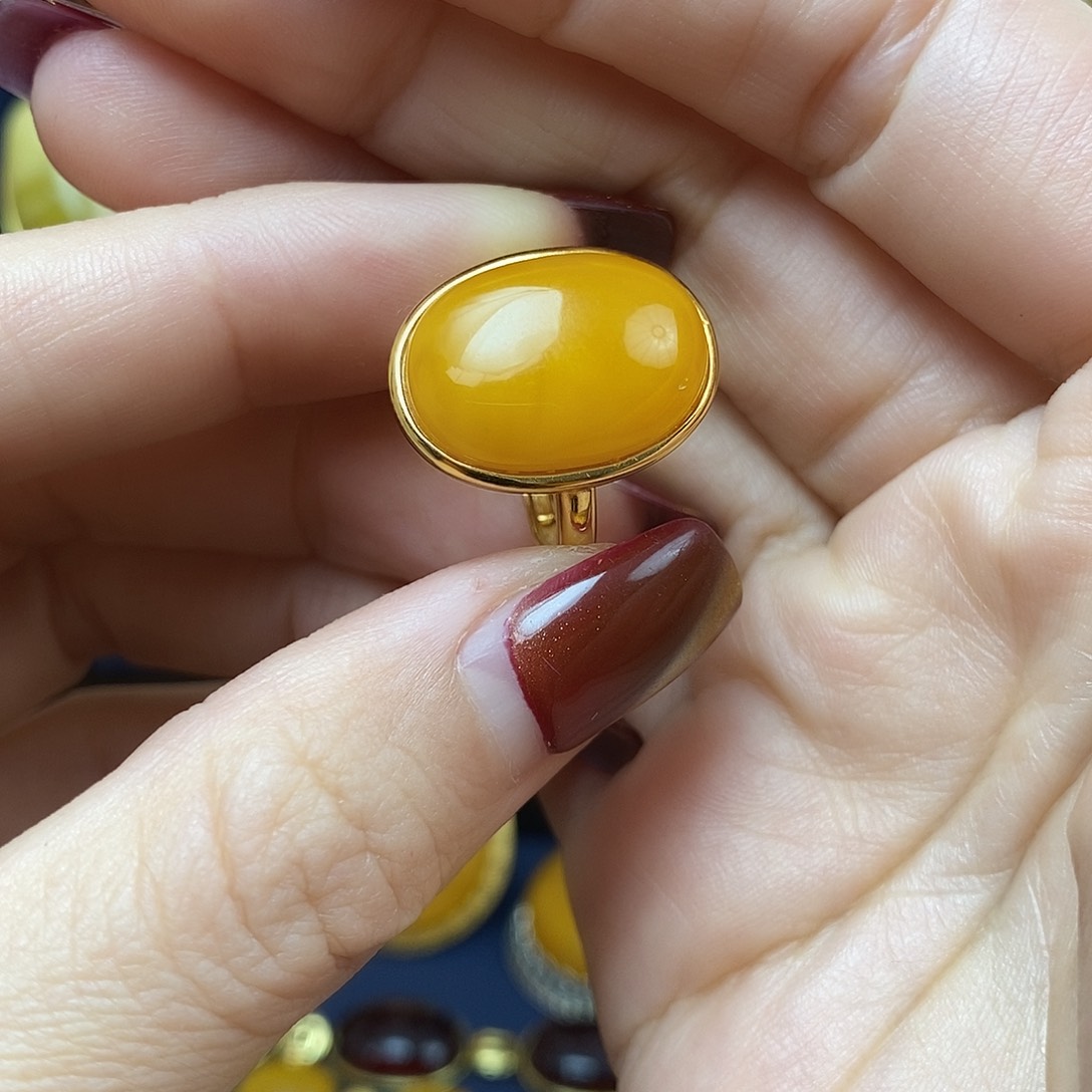 蜜蜡戒指银S925镀金镶嵌