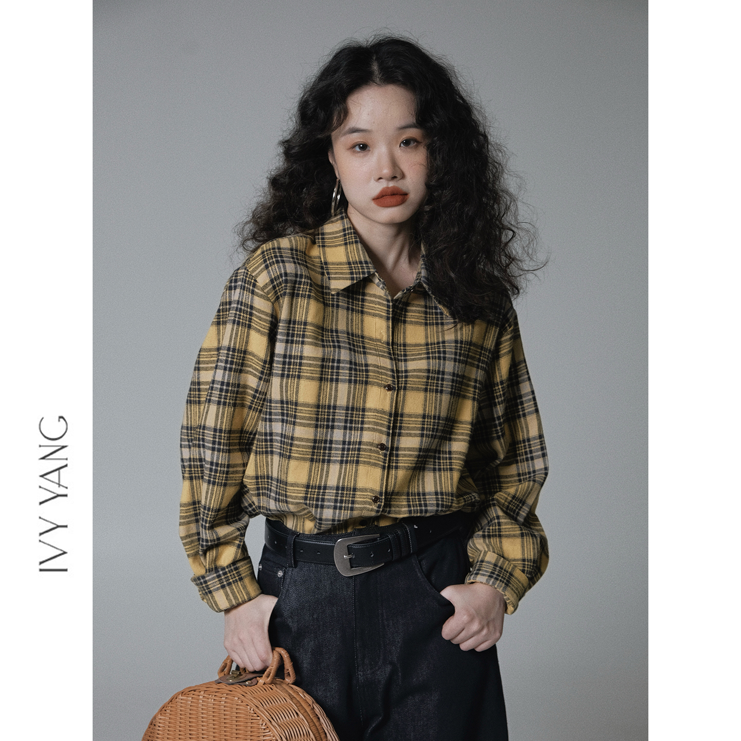 IVY YANG2复古撞色格纹休闲长袖开襟衬衫休闲拼色翻领上衣女