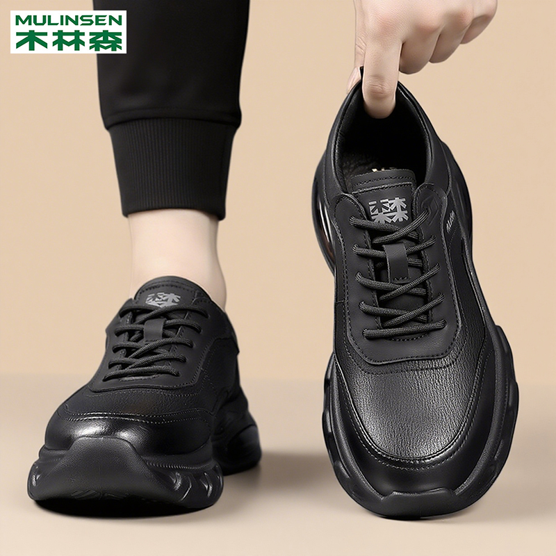 木林森皮鞋男款2025新款秋季透气软底防滑休闲鞋厚底增高时尚男鞋