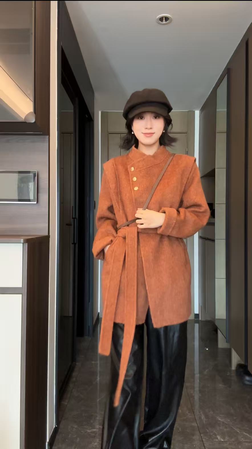 2025新款时尚百搭立领双面呢系带中长款双面羊毛大衣女外套2511