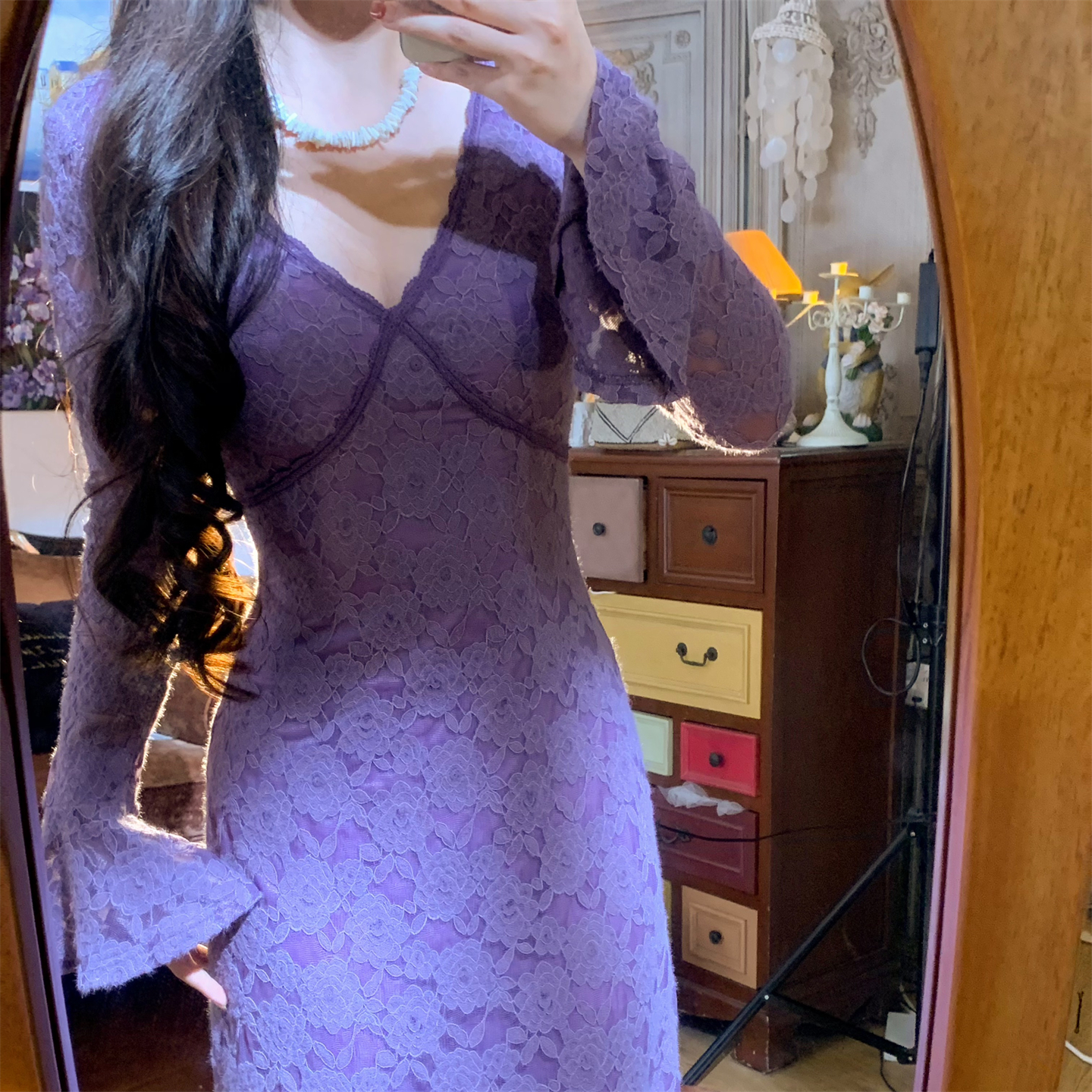 贾大猫 《紫水晶》2025冬季紫色蕾丝修身女人气质连衣裙长裙J193