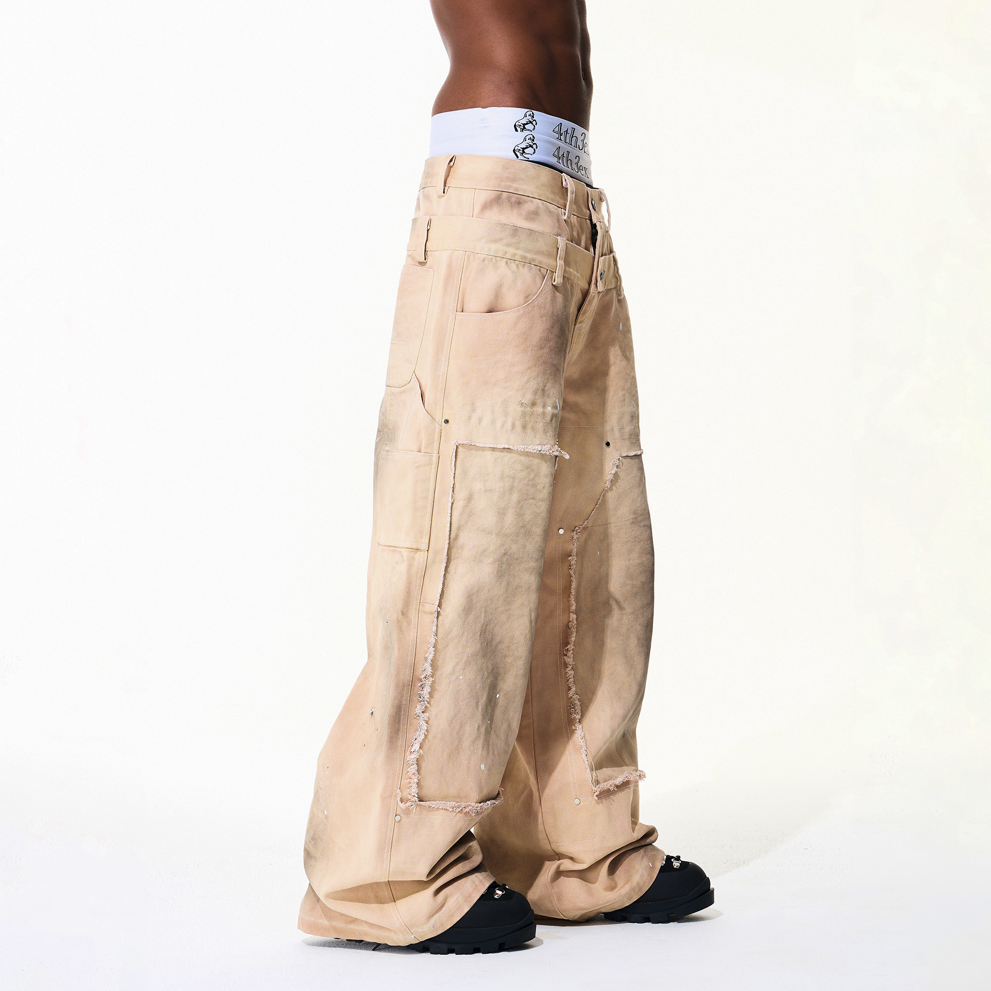 Fourth3ex 25FW街头破坏双腰头牛仔裤男秋冬水洗做旧卡其色伐木裤