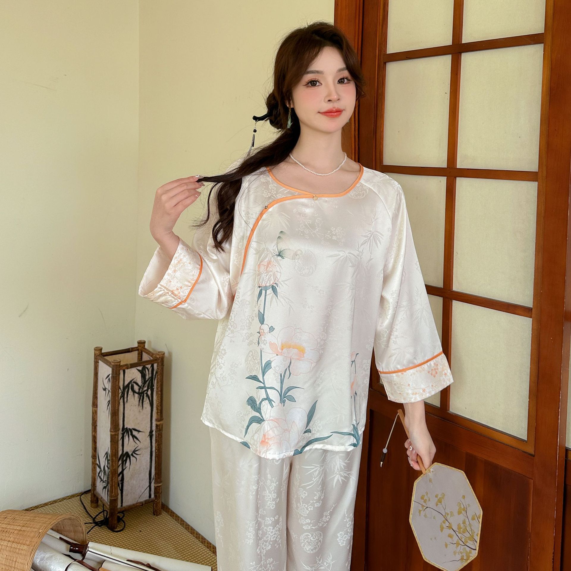 2025春季新中式睡衣女冰丝家居服长袖ins小红书睡衣古风可外传