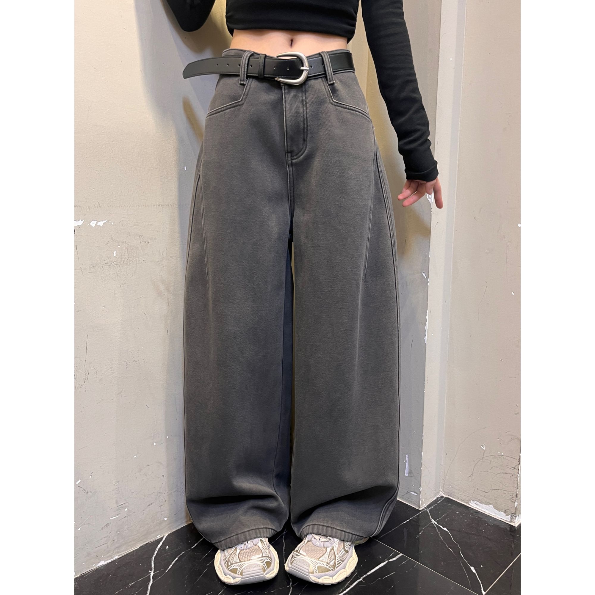 范范与凡凡【枫糖叙事】厚绒美式极简风直角口袋设计宽松拖地裤