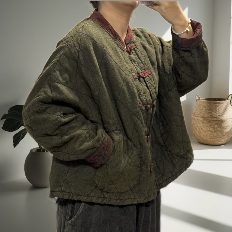 撞色半圆兜盘扣开衫棉服（衣长62胸围142）